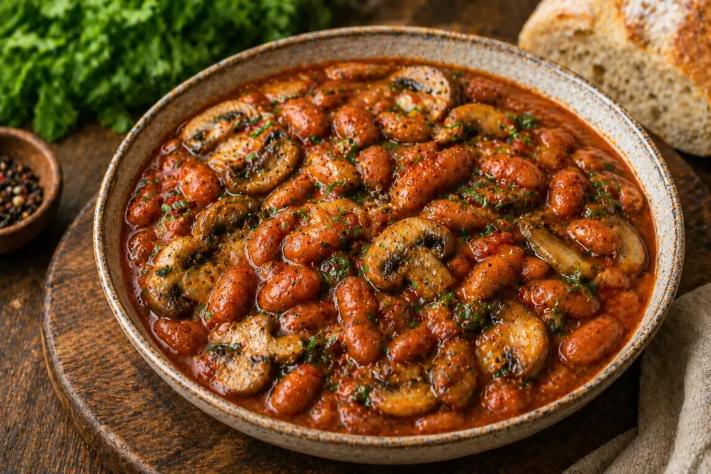 خوراک لوبیا با قارچ